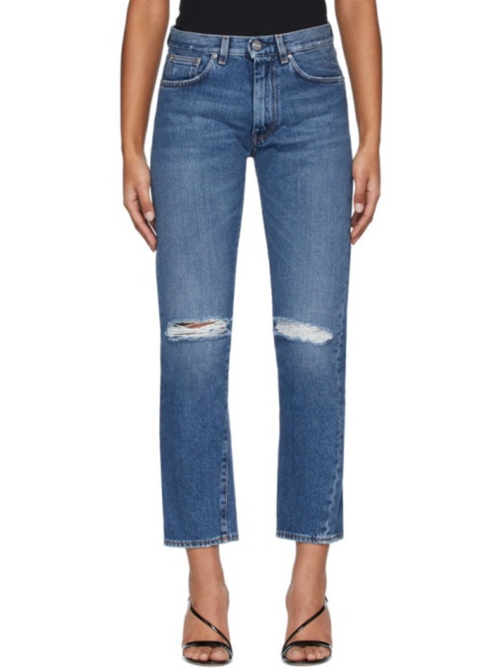 Toteme Blue Ripped Original Distressed Kneed Twist Hem Mid Rise Straight Jean 28
